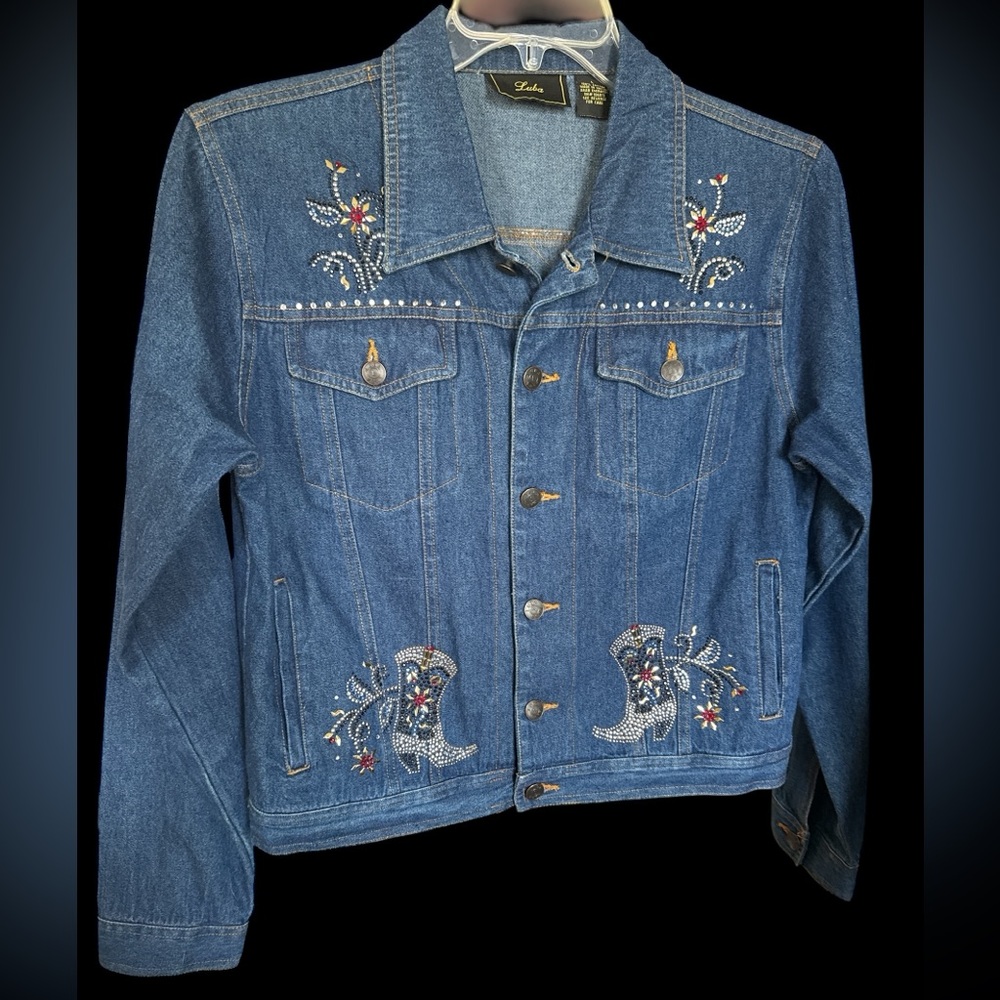 Luba NWOT vintage style denim jacket w rhinestone floral & boot embellishments